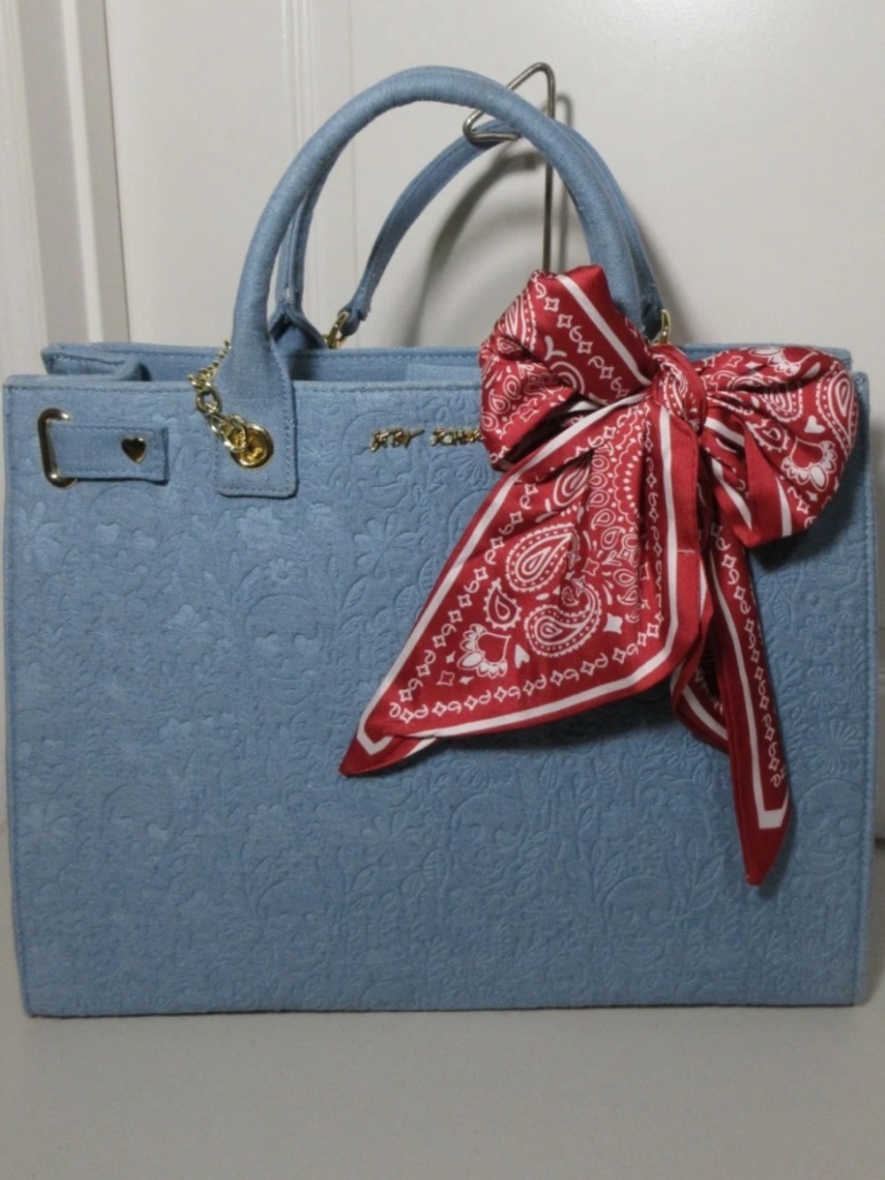 Betsey Johnson XOKIARA Embossed Skull/Flowers Tote Satchel - Blue Denim -NWT